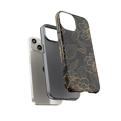 Floral Gold Outline Tough Phone Case – Black Botanical Protective Cover
