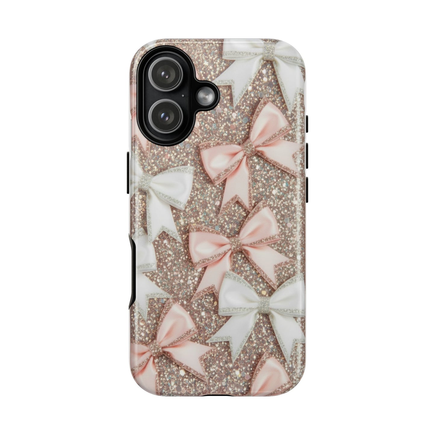Glitter Bow Tough Phone Case — Pink & White Ribbon Protective Cover