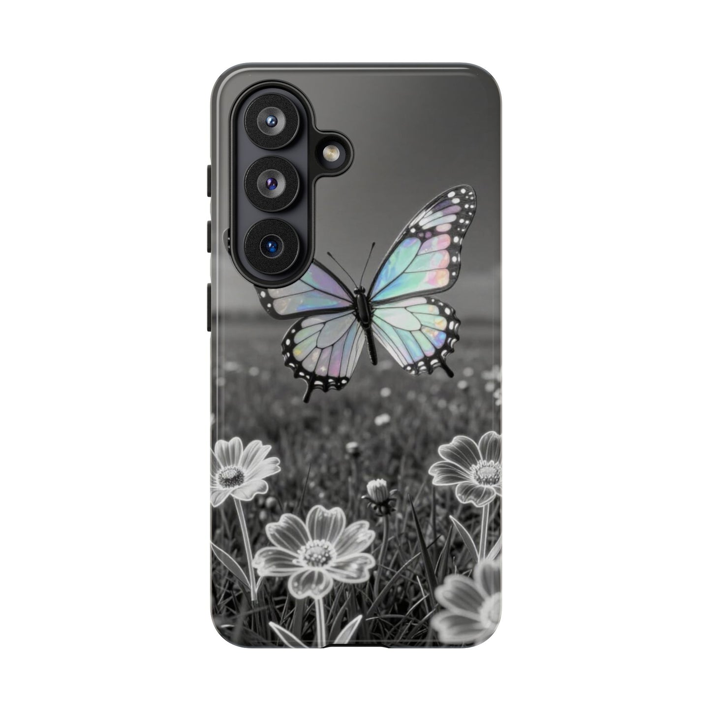 Butterfly Field Tough Phone Case — Pastel Holographic Butterfly on Black & White Floral Background