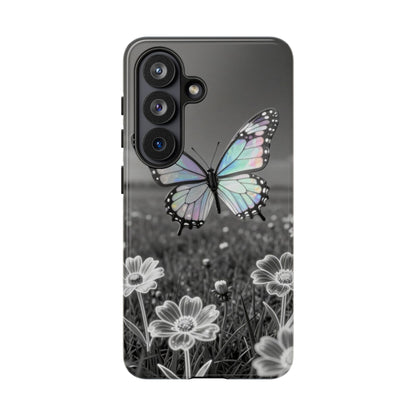 Butterfly Field Tough Phone Case — Pastel Holographic Butterfly on Black & White Floral Background