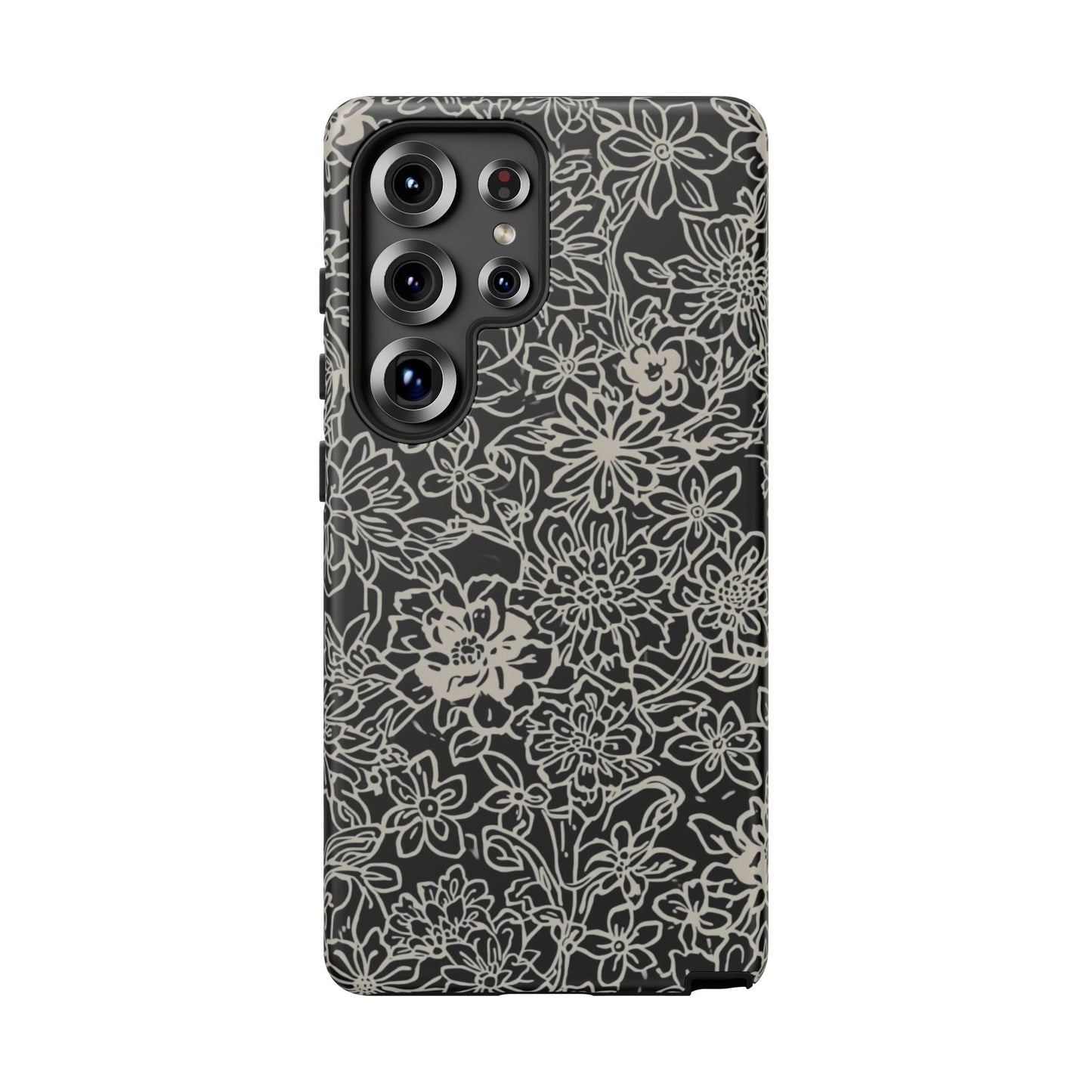 Floral Doodle Tough Phone Case — Black & White Sketch Flower Protective Cover