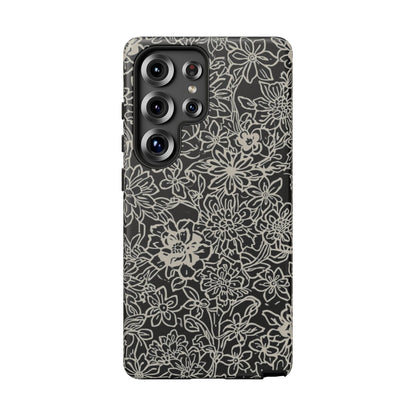 Floral Doodle Tough Phone Case — Black & White Sketch Flower Protective Cover
