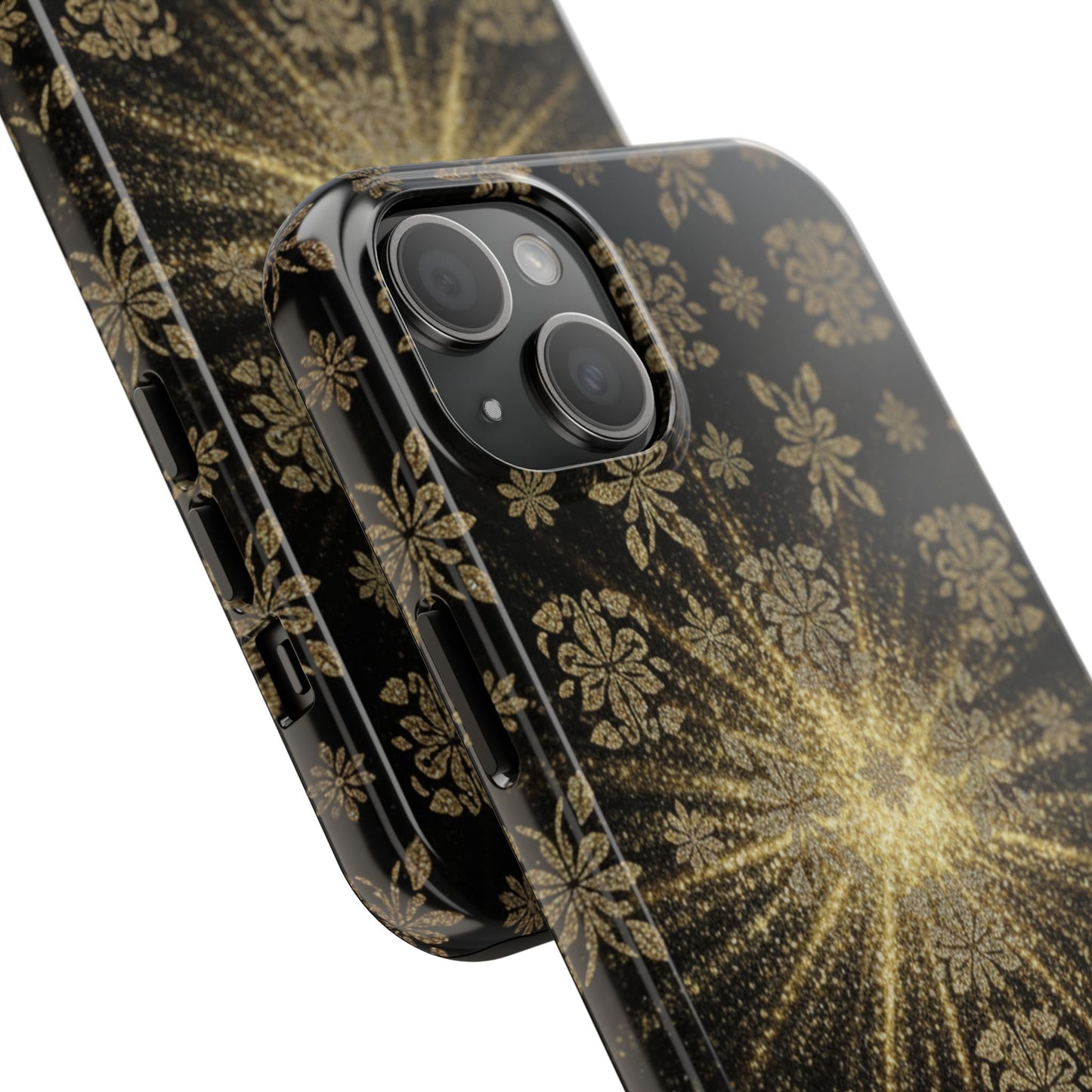 Glitter Burst Tough Phone Case — Black & Gold Floral Protective Cover
