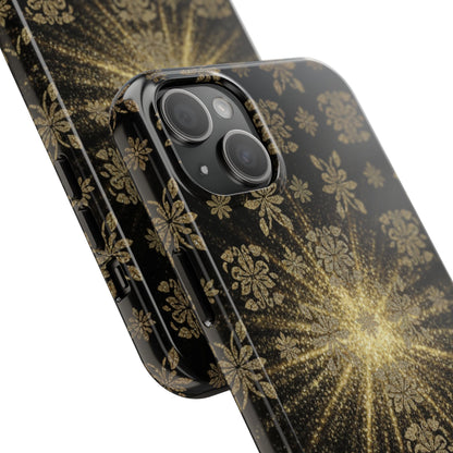 Glitter Burst Tough Phone Case — Black & Gold Floral Protective Cover