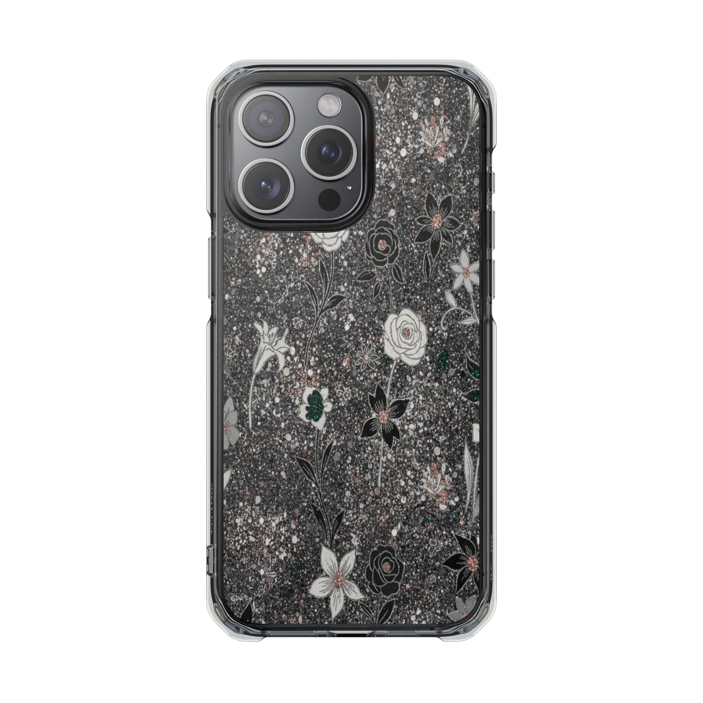 Clear Floral Glitter Magnetic Phone Case — Protective Impact Case with Rose & Daisy Design