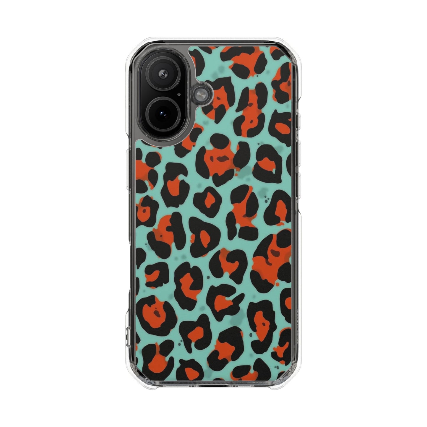 Clear Magnetic Phone Case — Teal & Rust Leopard Print