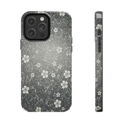 Floral Sparkle Tough Phone Case — Black & Silver Vintage Blossom