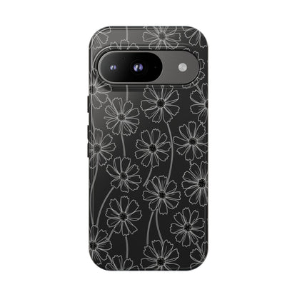 Floral Doodle Tough Phone Case — Black & Gray Daisy Pattern