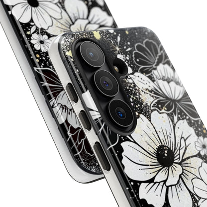 Floral Sketch Tough Phone Case – Black & White Daisy Protective Cover