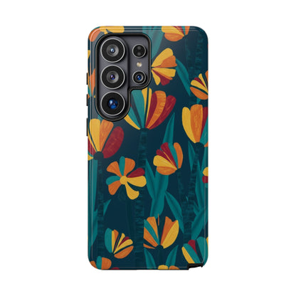 Floral Retro Teal Tough Phone Case — Vibrant Orange & Mustard Blooms