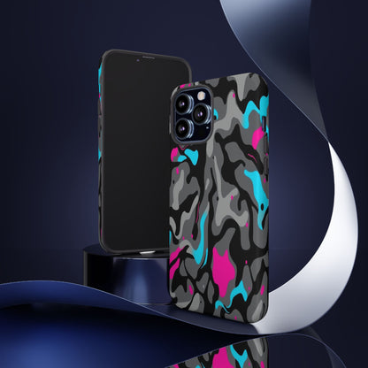 Camouflage Phone Case — Gray Camo with Neon Pink & Cyan Accent Tough Protective Cover