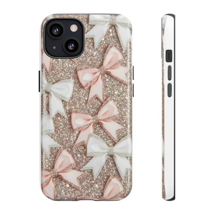 Glitter Bow Tough Phone Case — Pink & White Ribbon Protective Cover