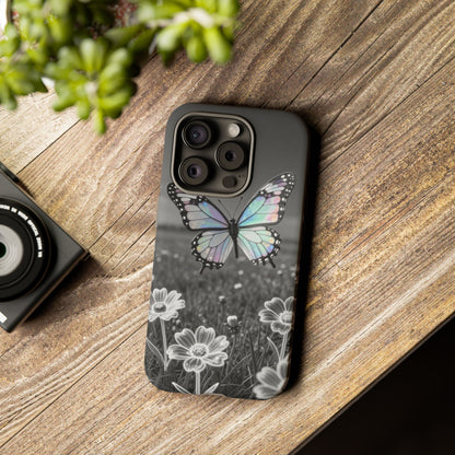 Butterfly Field Tough Phone Case — Pastel Holographic Butterfly on Black & White Floral Background