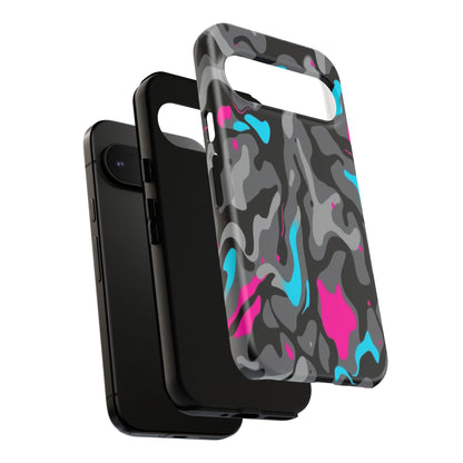 Camouflage Phone Case — Gray Camo with Neon Pink & Cyan Accent Tough Protective Cover