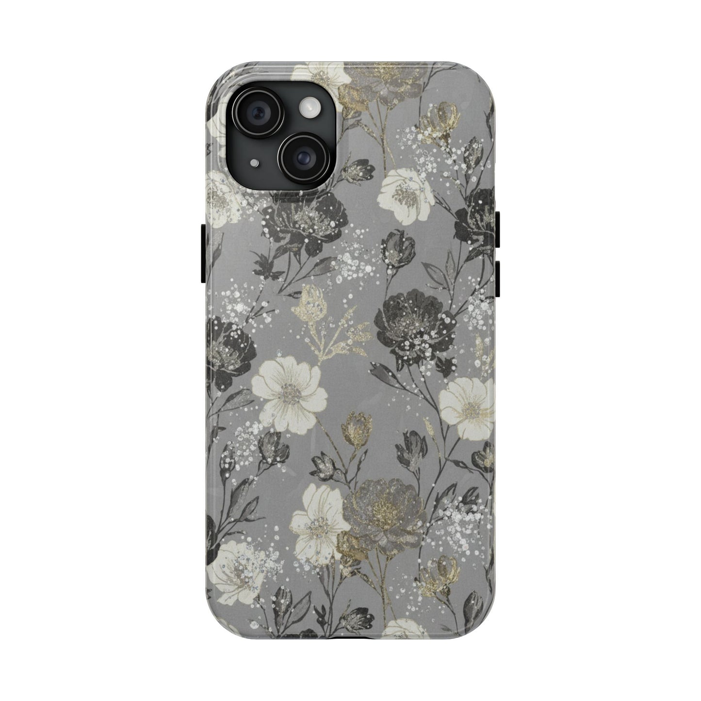 Floral Gray Tough Phone Case — Elegant Protective Phone Cover with Gold Accent