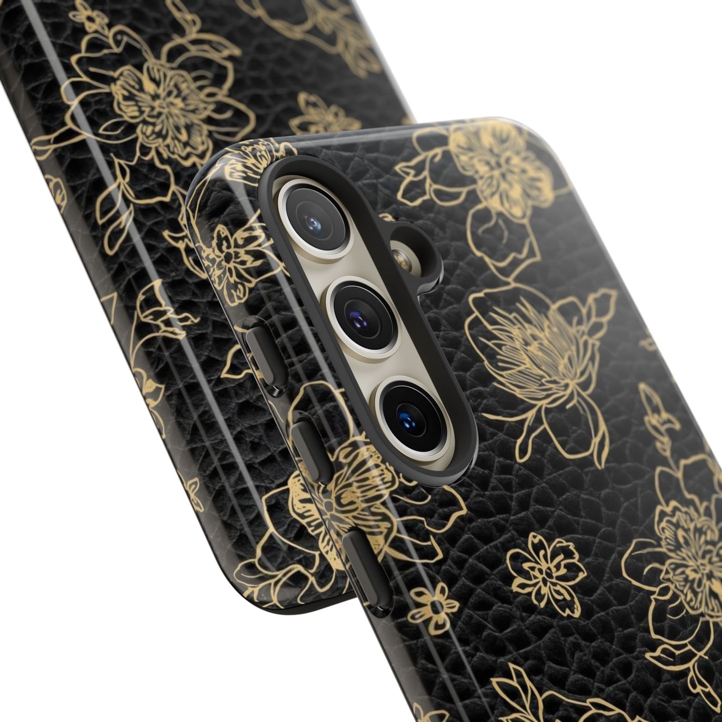 Floral Leather Phone Case — Gold Outline Flowers on Black Tough Case