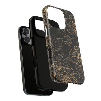 Floral Gold Outline Tough Phone Case – Black Botanical Protective Cover