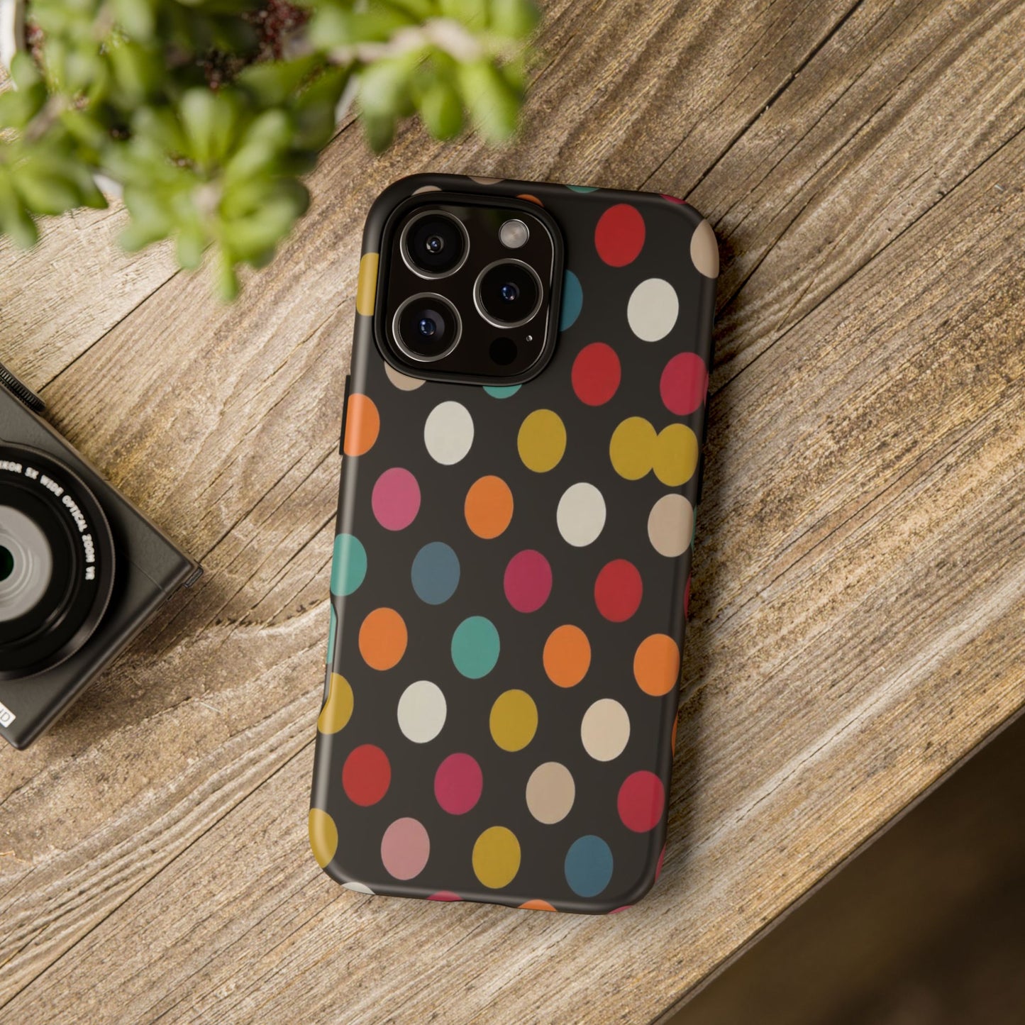 Polka Dot Tough Phone Case – Colorful Retro Dots on Black