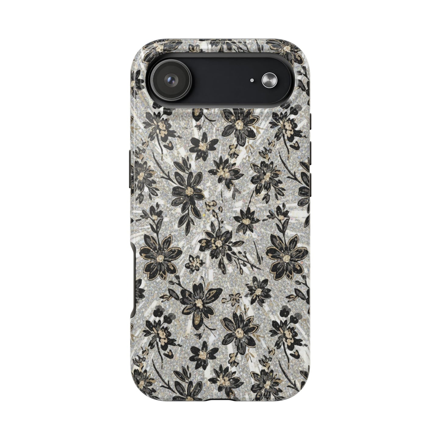 Floral Vintage Tough Phone Case — Black & Gray Rustic Flower Protective Case