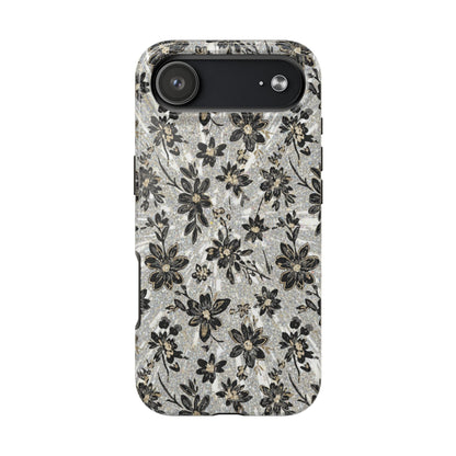 Floral Vintage Tough Phone Case — Black & Gray Rustic Flower Protective Case