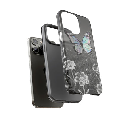 Butterfly Field Tough Phone Case — Pastel Holographic Butterfly on Black & White Floral Background
