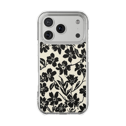 Clear Magnetic Phone Case — Black Floral Silhouette Design