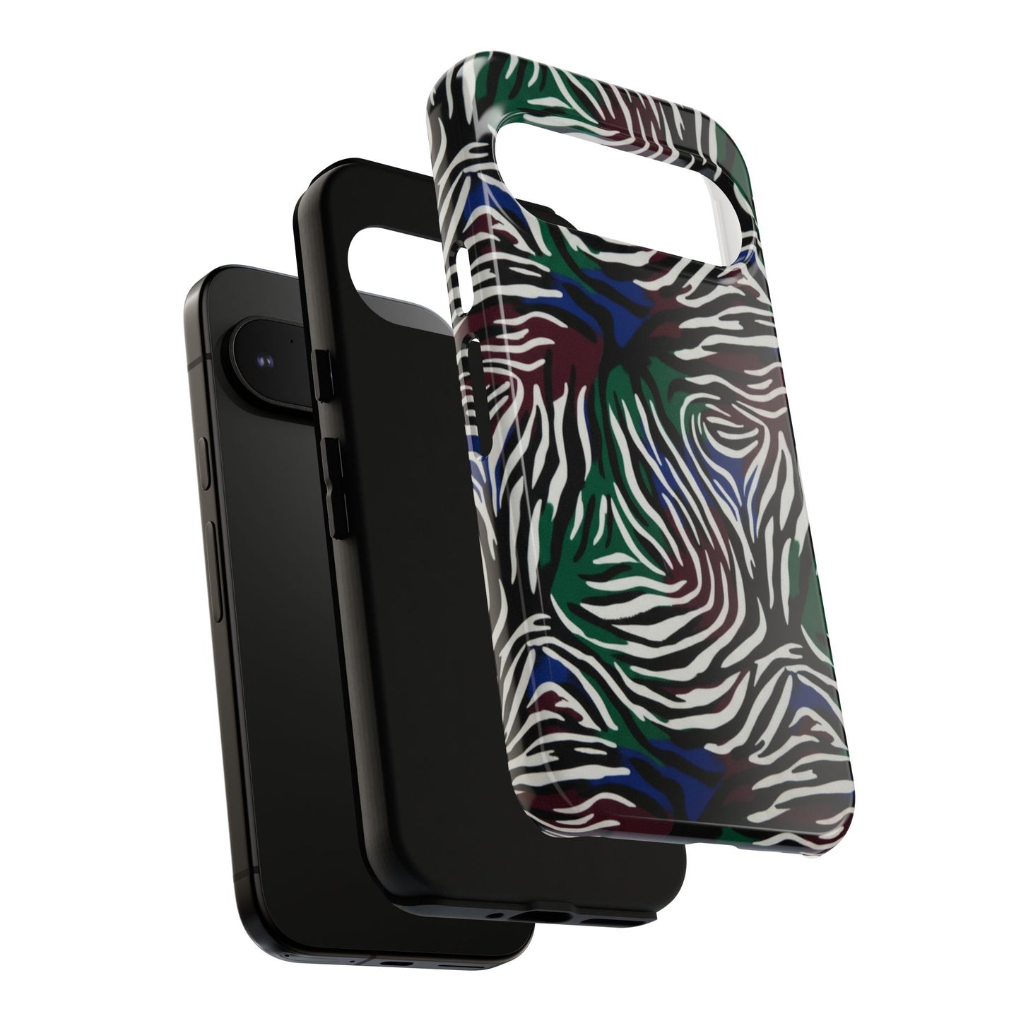 Zebra Camo Tough Phone Case – Green & Blue Animal Print Protective Cover