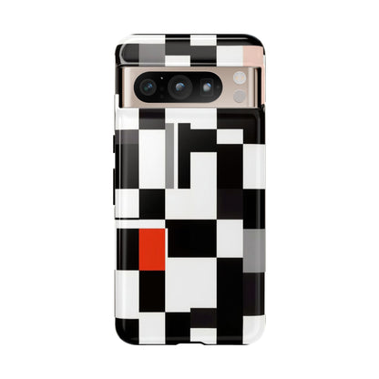 Abstract Geometric Phone Case – Black & White Checker Grid with Red Accent