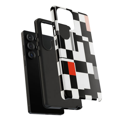 Abstract Geometric Phone Case – Black & White Checker Grid with Red Accent