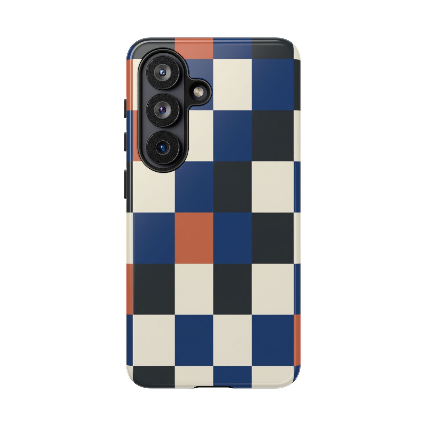 Checkered Retro Phone Case — Blue, Orange & Ivory Geometric Protective Cover