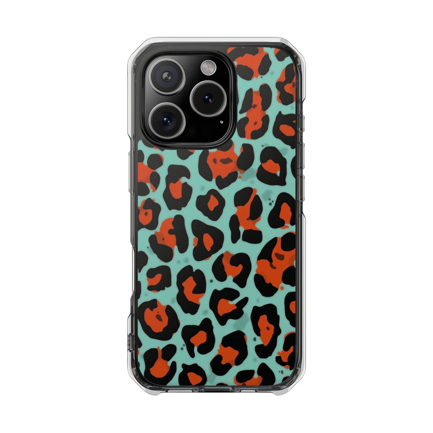 Clear Magnetic Phone Case — Teal & Rust Leopard Print