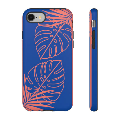 Tropical Monstera Phone Case — Blue & Coral Leaf Protective Cover