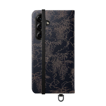 Botanical Noir Flip Phone Case — Dark Floral Wallet Cover with Card Slots