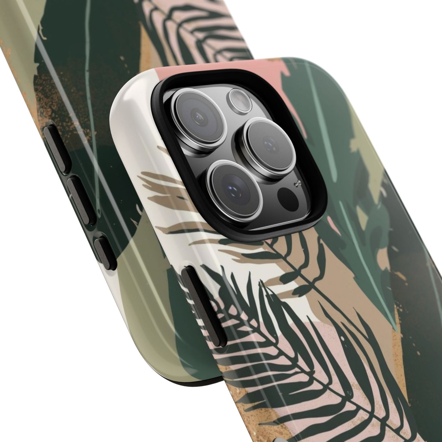 Tropical Leaf Tough Phone Case — Abstract Pink & Green Botanical Protective Cover