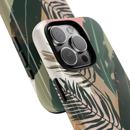 Tropical Leaf Tough Phone Case — Abstract Pink & Green Botanical Protective Cover