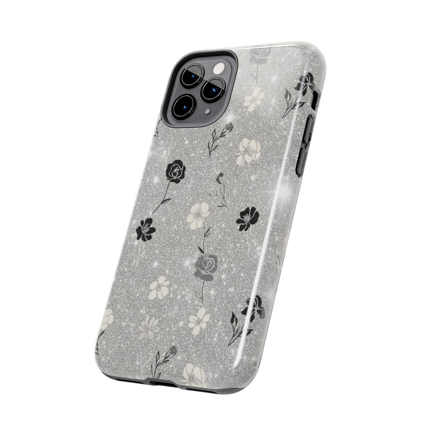 Floral Glitter Tough Phone Case — Black & Silver Vintage Flower Protective Cover