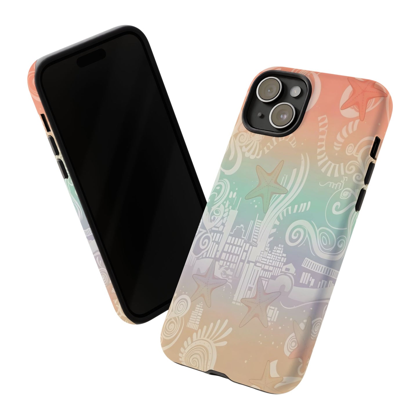 Tough Cases: Pastel Beach Pattern Phone Case — Starfish & Coastal Cityscape Protective Cover