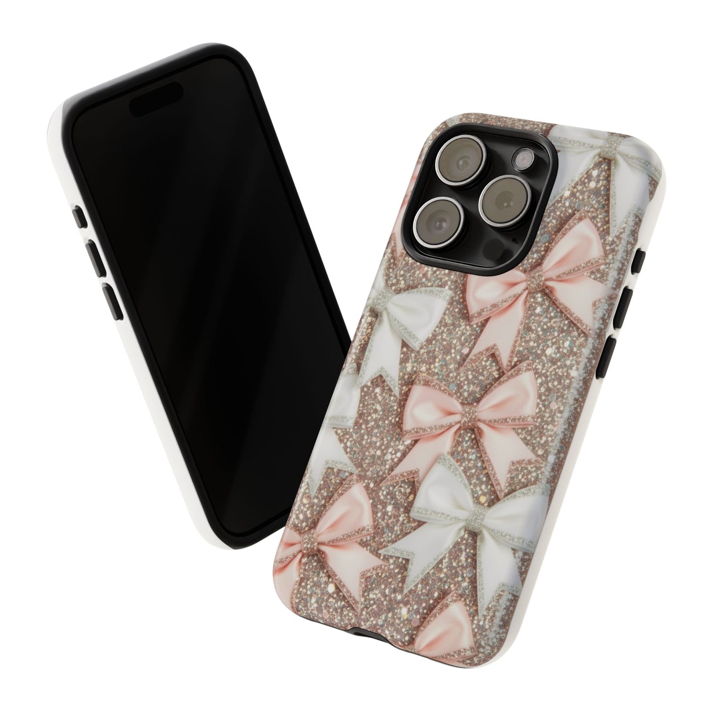 Glitter Bow Tough Phone Case — Pink & White Ribbon Protective Cover