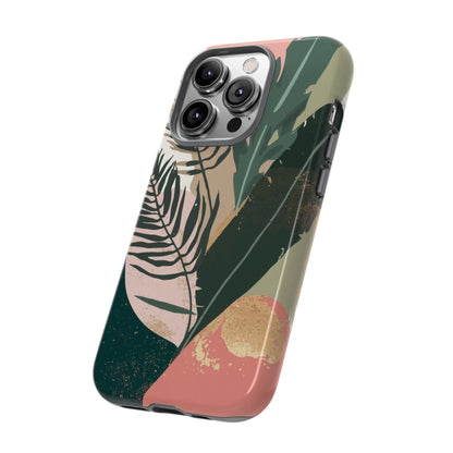 Tropical Leaf Tough Phone Case — Abstract Pink & Green Botanical Protective Cover