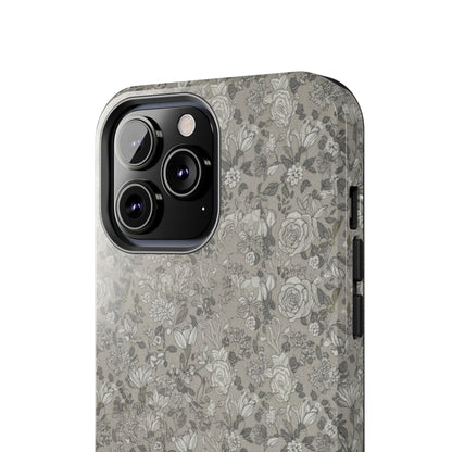 Gray Floral Tough Phone Case — Durable Protective Phone Cover with Vintage Botanical Pattern