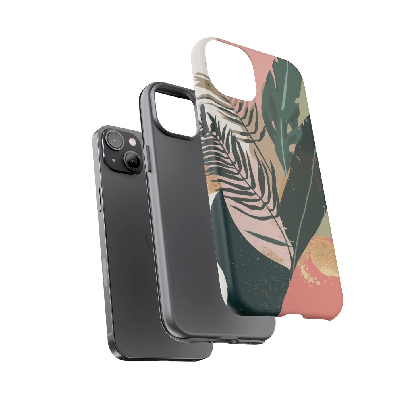 Tropical Leaf Tough Phone Case — Abstract Pink & Green Botanical Protective Cover