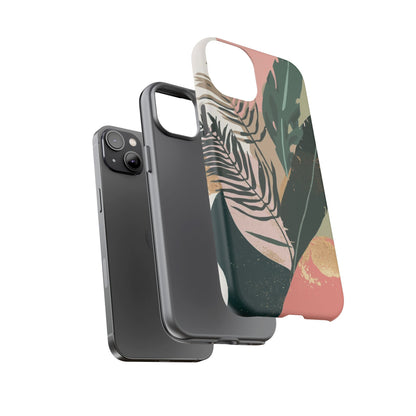 Tropical Leaf Tough Phone Case — Abstract Pink & Green Botanical Protective Cover
