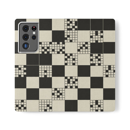 Checkerboard Flip Phone Case – Retro Black & Cream Geometric Wallet Case