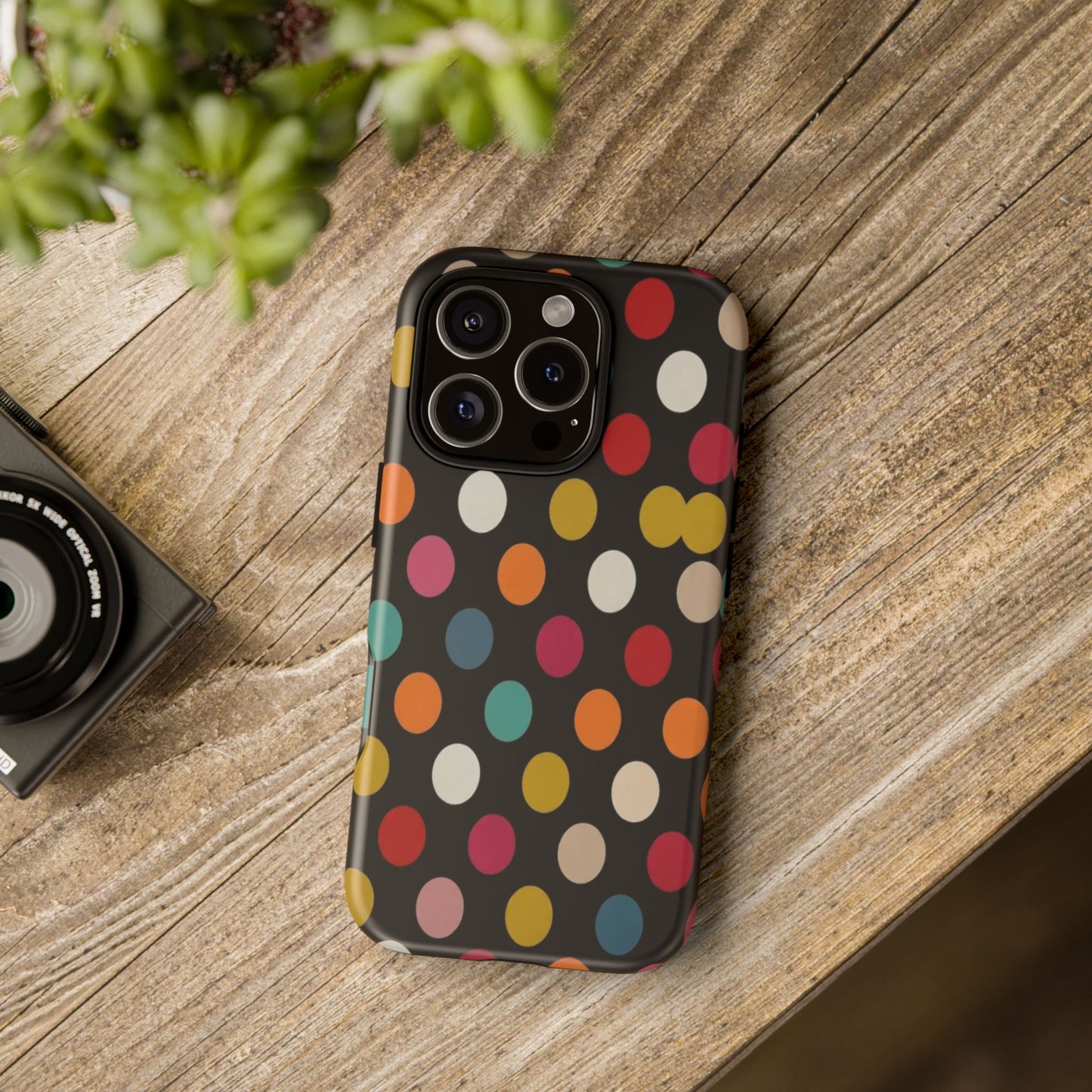 Polka Dot Tough Phone Case – Colorful Retro Dots on Black
