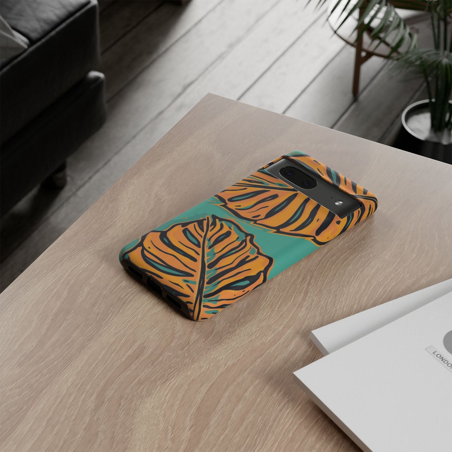 Tropical Leaf Tough Phone Case — Orange Monstera Design on Teal