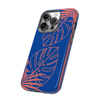 Tropical Monstera Phone Case — Blue & Coral Leaf Protective Cover