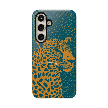 Leopard Print Tough Phone Case — Gold Panther on Teal, Protective iPhone Cover