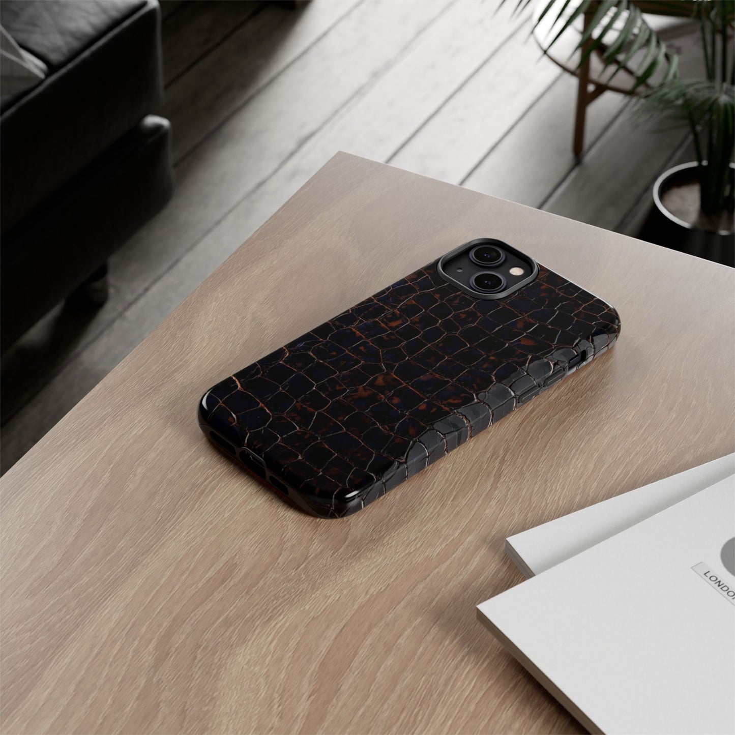 Croc-Embossed Tough Phone Case — Shockproof Black Alligator Texture
