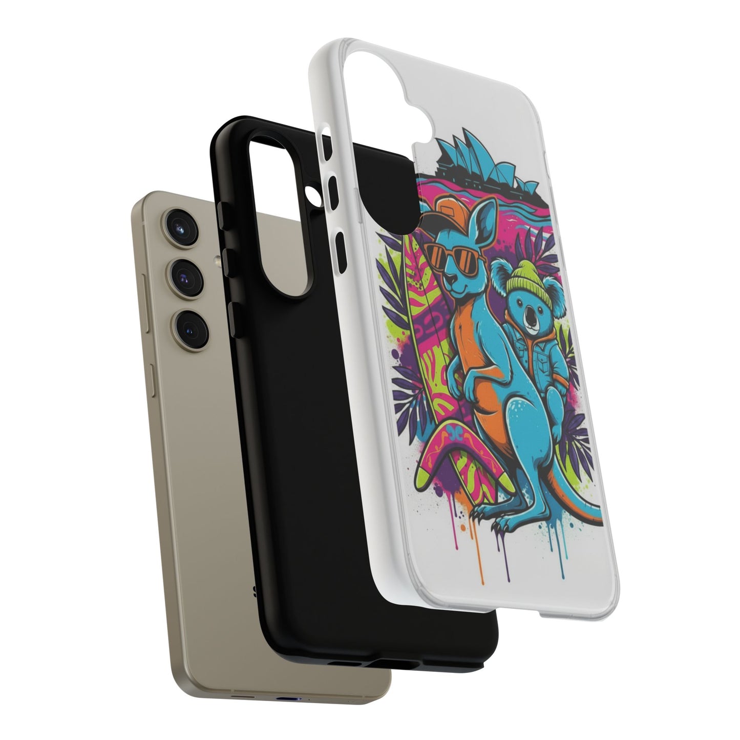 Kangaroo & Koala Surf Phone Case — Retro Neon Beach Art Tough Case