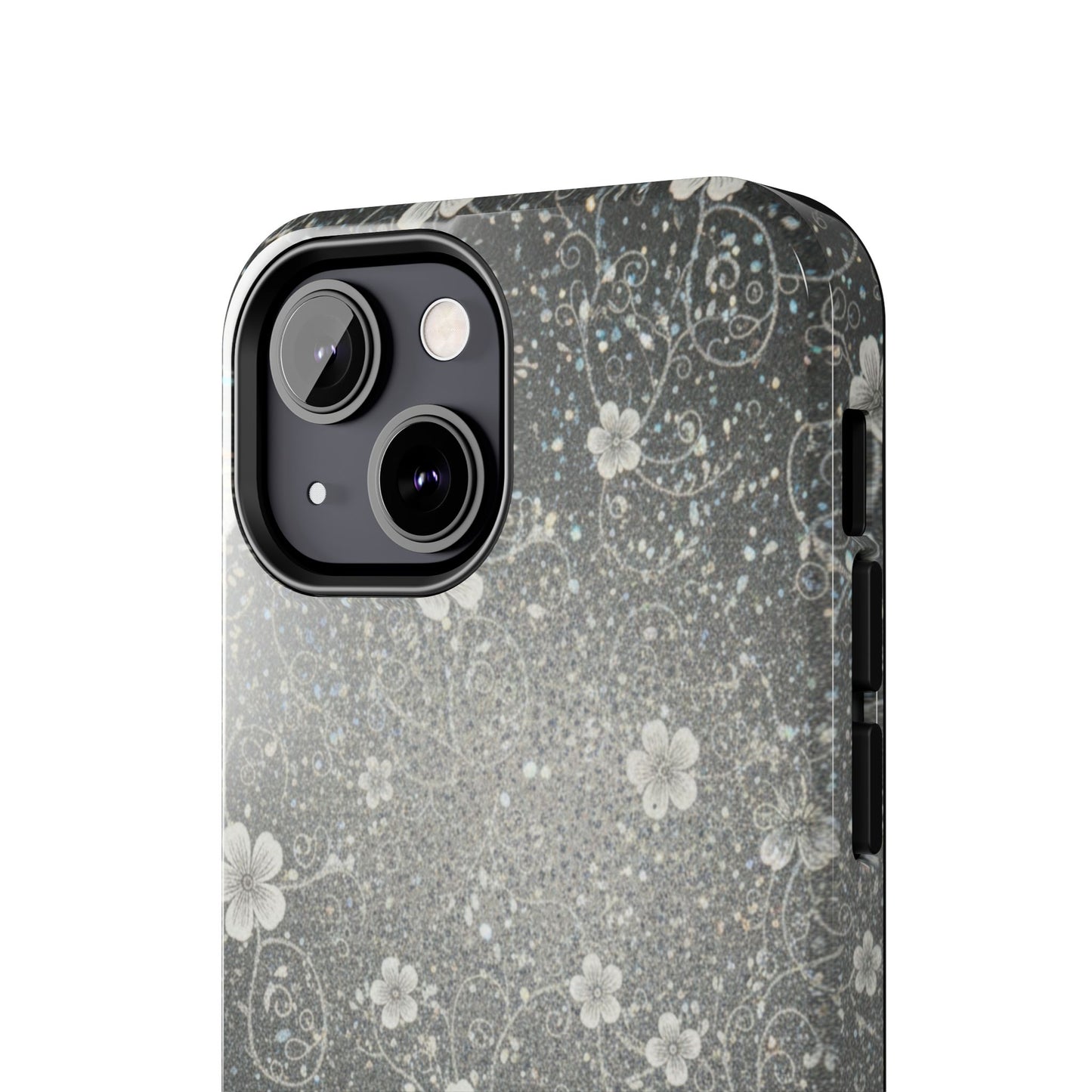 Floral Sparkle Tough Phone Case — Black & Silver Vintage Blossom